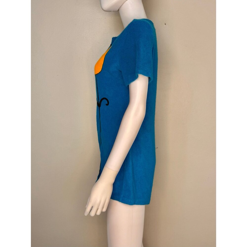 Vintage 1960s Aqua Terrycloth Romper, Orange Floral Appliqué, Size M/L, Zip Up - Picture 3 of 6